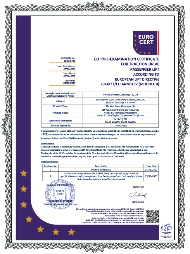 Certificado CE para ascensor MR