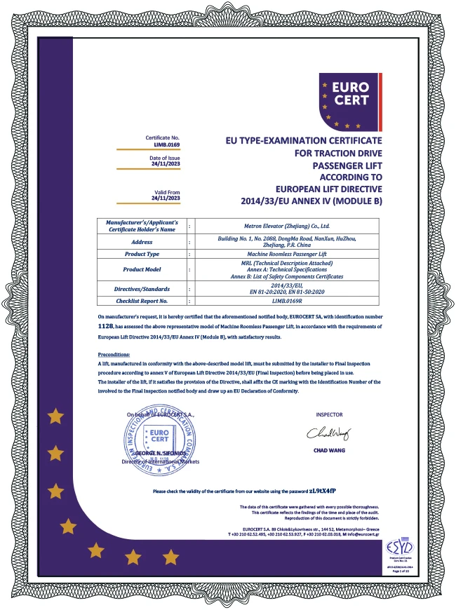 Certificado CE para ascensor MRL